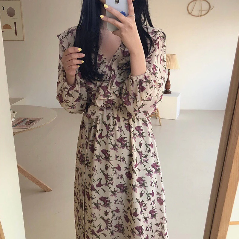 Для женщин платья Ins для девочек Kawaii Ulzzang Chic Раффлед Платье с длинным рукавом в