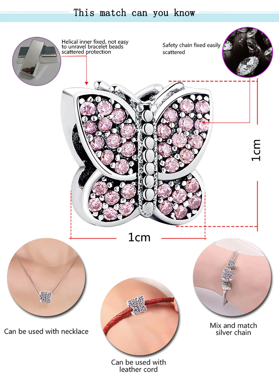 Шарм 925 серебро Талисманы Игристые Бабочка CZ животных Бусины Fit Pandora браслет Цепочки и ожерелья DIY ювелирных изделий