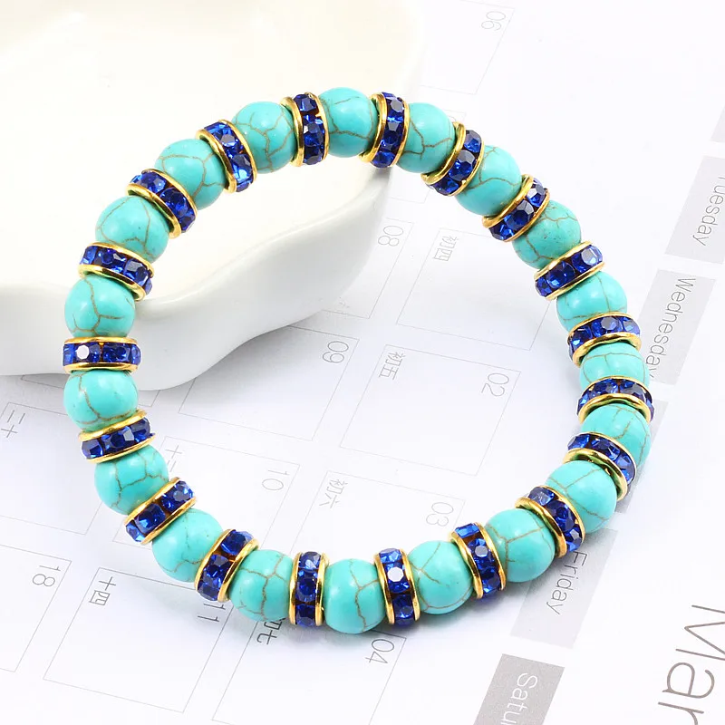 Vintage Boho Blue Turquoises Beads Bracelet Women Charm Natural Stone Men Handmade Strand Elastic Bangles Lover Jewelry | Украшения и