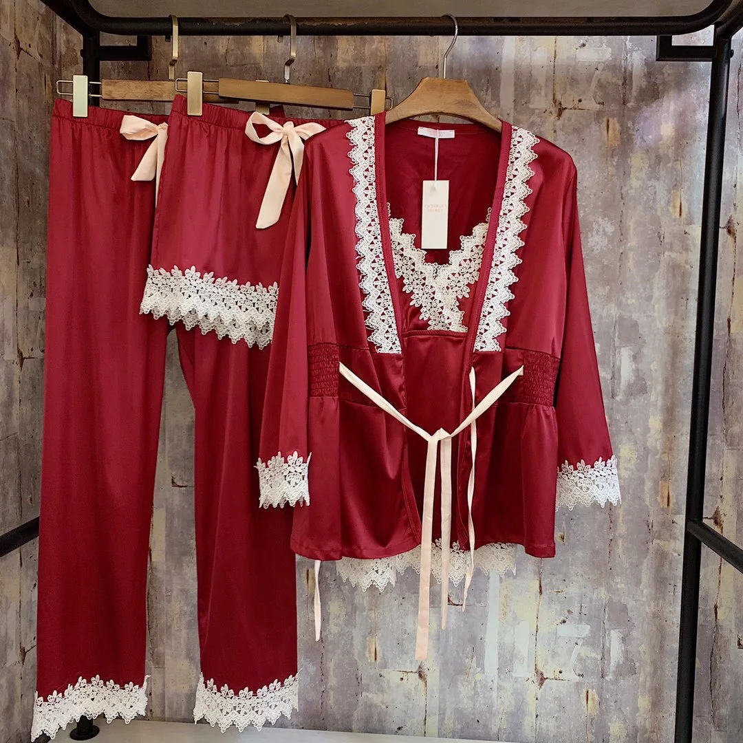 Новые атласные женские пижамные комплекты из 4 предметов женские пижамы Сексуальная кружевная женская пижама Элегантная Шелковая пижама домашняя одежда