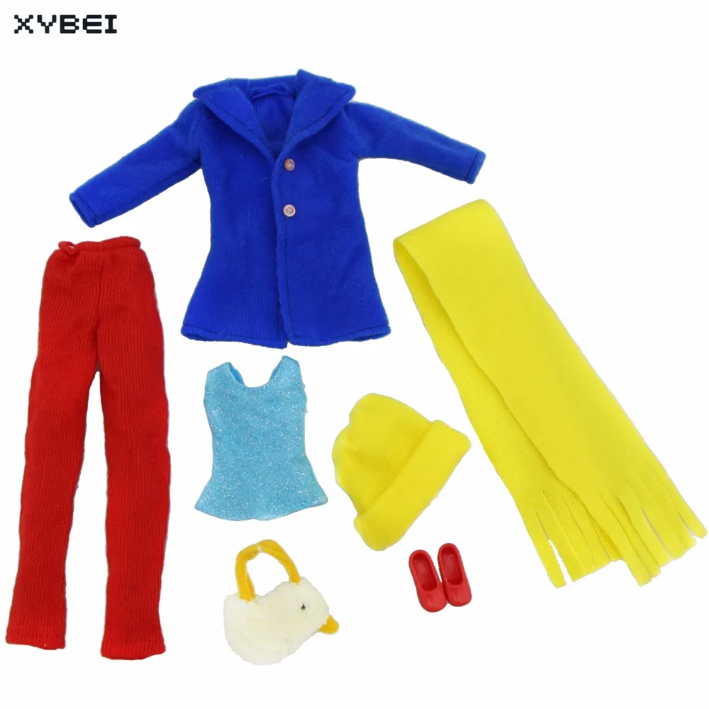 Handmade Colorful Outfit Winter Daily Wear Blue Coat Pants Trousers Cap Scarf Handbag Shoes Clothes For Barbie Doll Accessories | Игрушки и