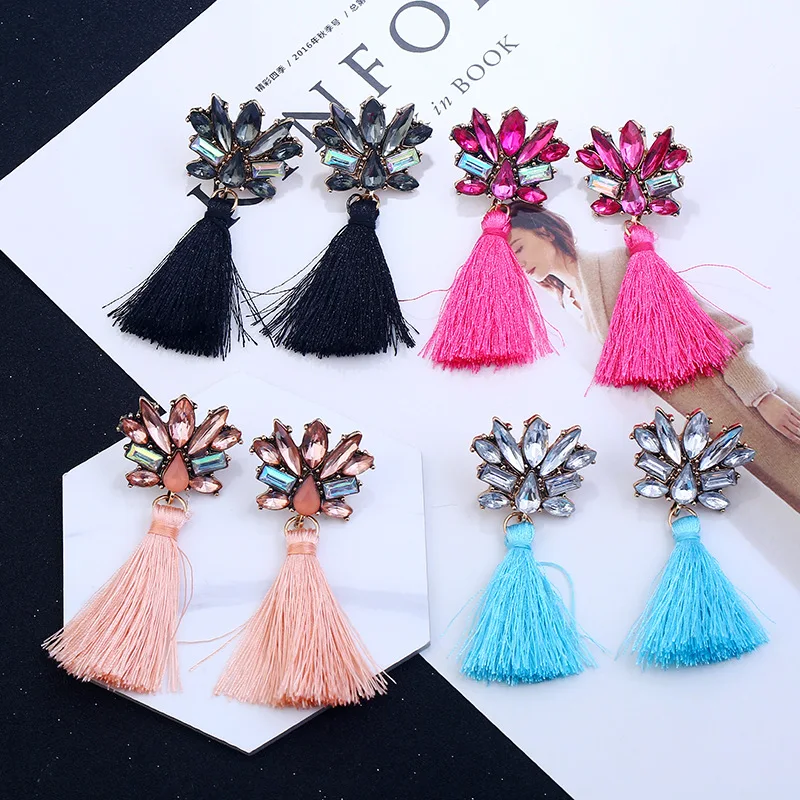 Женские серьги с кисточками в стиле бохо длинные висячие кристаллами и цветком
