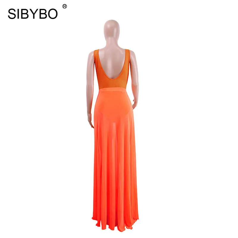 Sibybo Mesh Transparent Sexy Two Piece Set Bodysuit Women Sleeveless Backless Summer Romper Women Beach Casual Women Jumpsuit