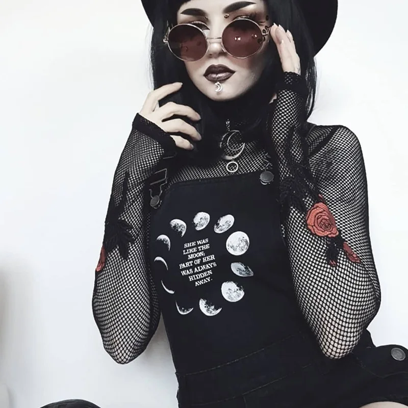 JIEZuoFang Summer Gothic Hip Hop Black Punk Sexy Romper Women Clothes Casual Slim Thin Letter Button Print Female Short Jeans | Женская