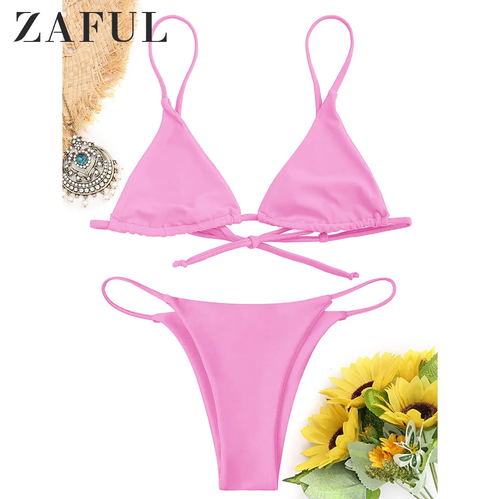 ZAFUL Cami Bralette Thong String Bikini Set Low Waisted Spaghetti Straps Swimming Suit For Women Push Up Bathing Biquini |