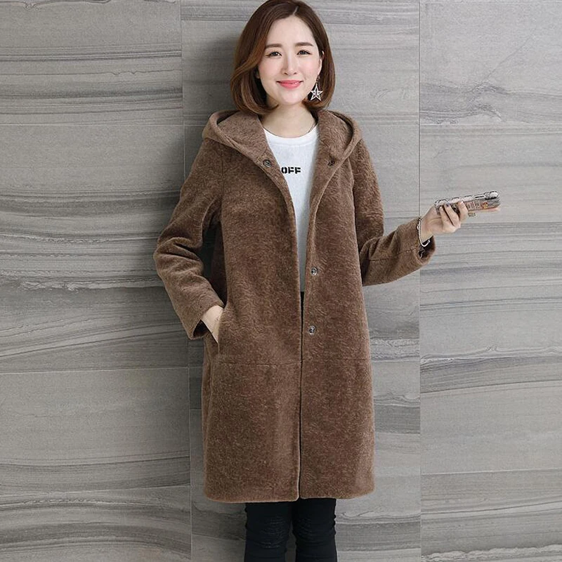 

Women winter sheep shearing fur coat fur overcoat female medium long hooded one wool outerwear