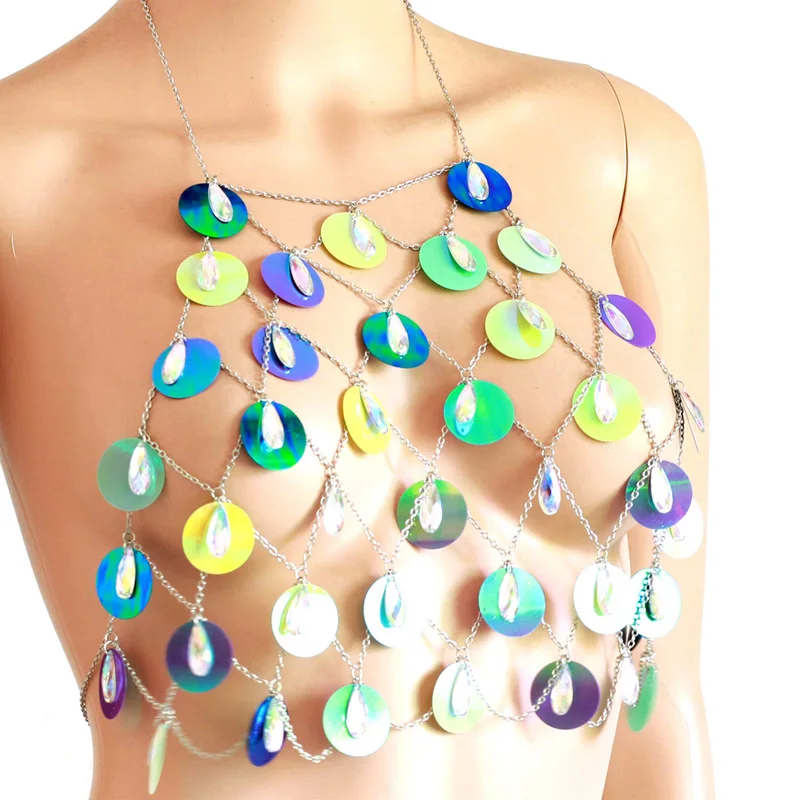 Chran Disc Mesh Sequin Harness Bra Body Chain Burning Man Rave Festival Wear Silver Jewelry | Piercing