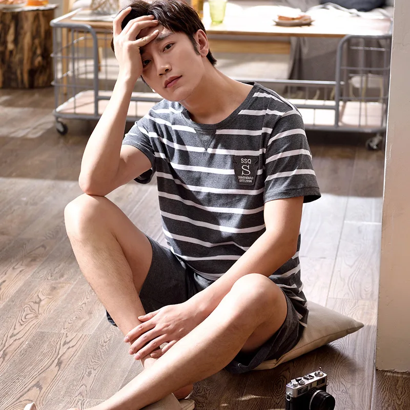 Мужские летние Пижамные комплекты хлопковая одежда для сна в простом стиле серые