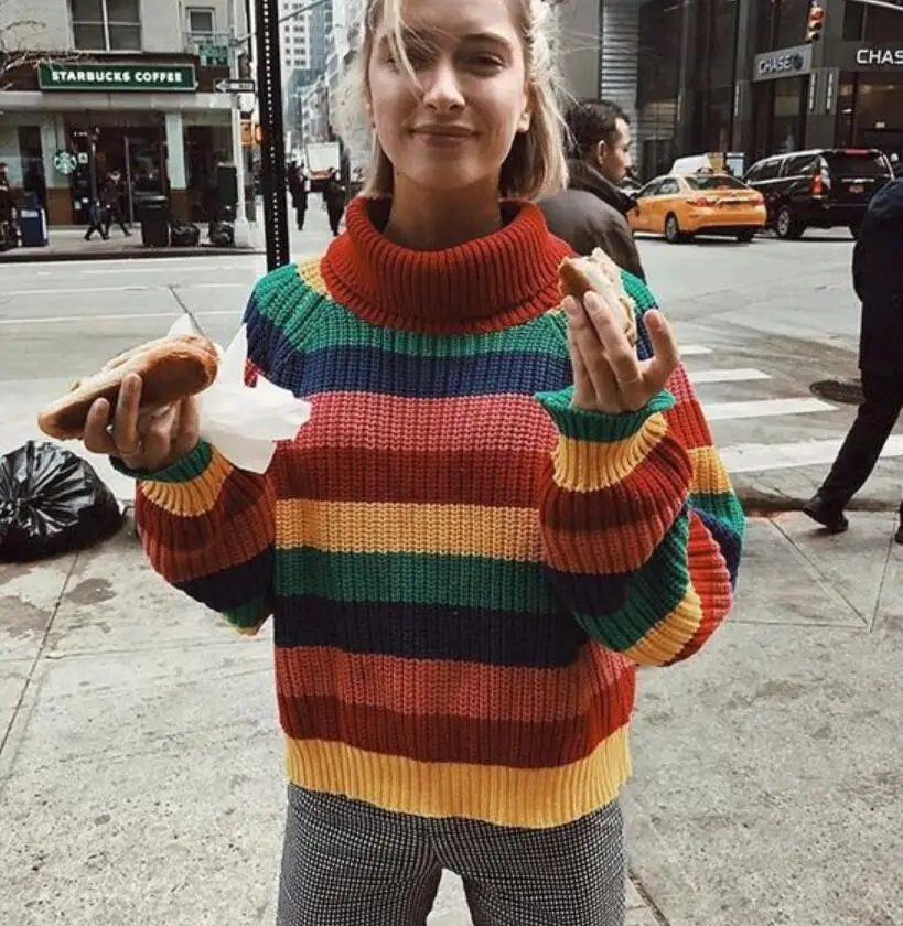 Фото 2019 new women's sweaters color striped knit coats pullover loose large size sweater lantrn sleeve youth casual autumn winter Женская 2019 new women's sweaters color striped knit coats pullover loose large size sweater lantrn sleeve youth casual autumn winter Женская