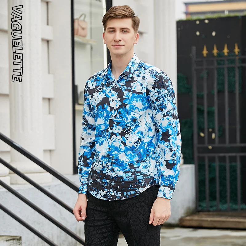 

VAGUELETTE Luxury Brand Blue Men Shirt Stylish Mens Shirts Casual Slim Fit Floral Pattern Printed Shirt Men M-3XL