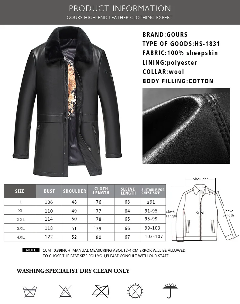 Gours Winter Genuine Leather Jackets for Men Fashion Brand Black Long Sheepskin Overcoats with Wool Collar New 4XL HS10023
