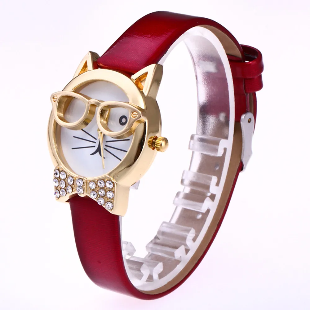Кварцевые женские часы Montre Femme и мужские очки с котом бантом аналоговые кварцевые