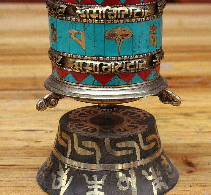 Старый Тибет Буддизм Храм Бронзовый Инкрустация Бирюзовая Молитвы Колеса Ступа