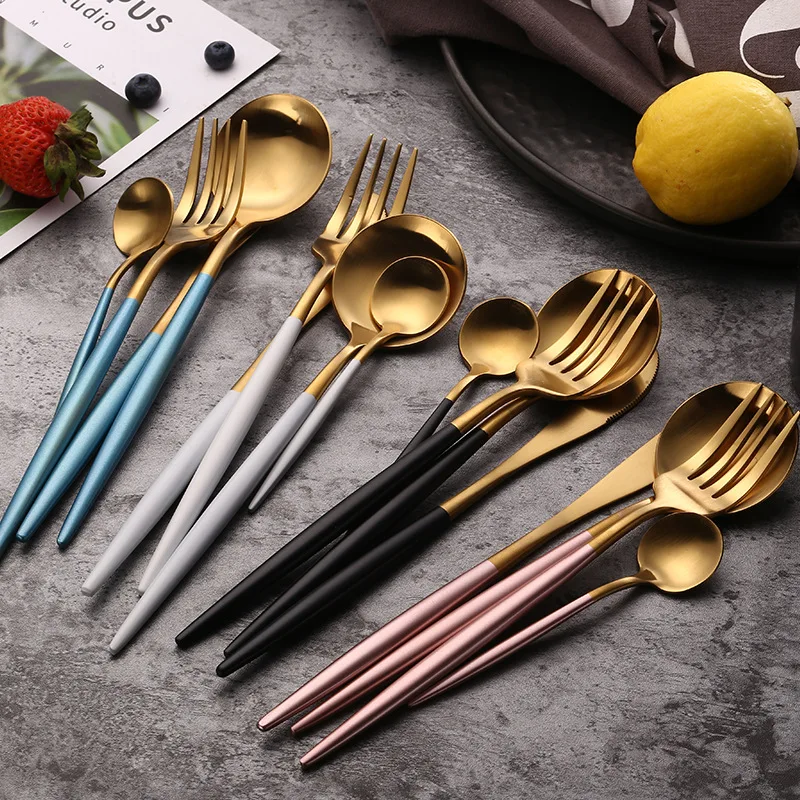 

24Pcs/set 18/10 Stainless Steel Dinner Black Gold Dinnerware Set Knife Fork Spoon Cutlery Set Kitchen Tableware Silverware Sets