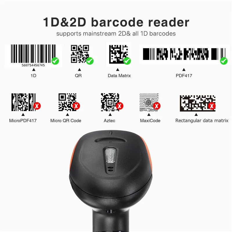 2 4G 1D/2D сканер штрих кода Портативный USB беспроводной ручной лазерный световой для