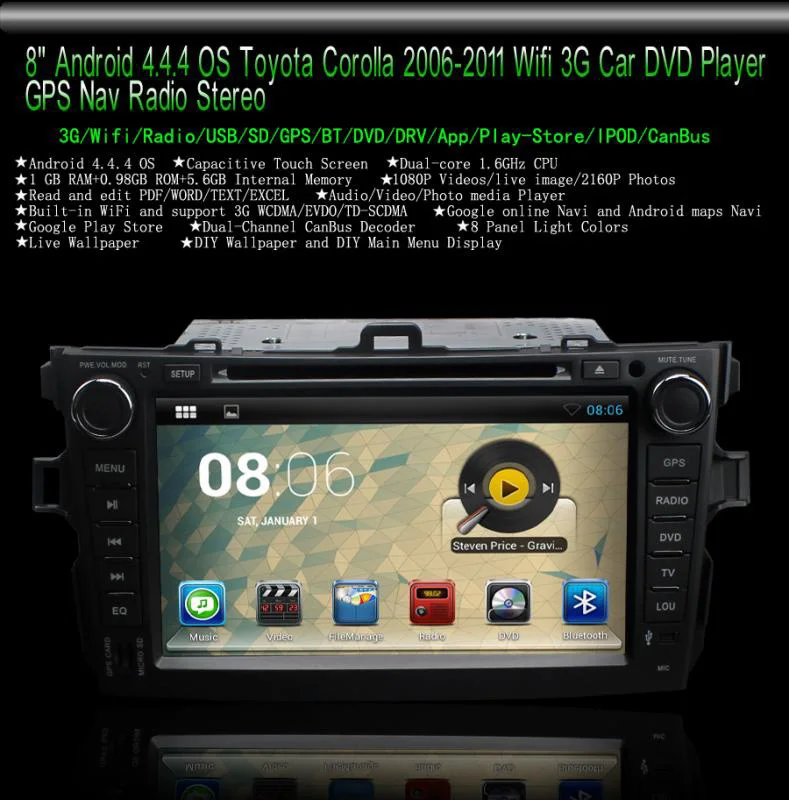 8 &quotAndroid 1 OS автомобильный dvd плеер для Toyota Corolla 2006 2011 GPS Nav Радио Стерео Bluetooth Wifi 3G