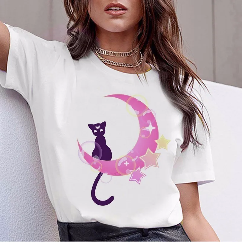 Матросская футболка с Луной женские kawaii Модные женские футболки в стиле Харадзюку футболка Эстетическая футболка Ulzzang Милая футболка с котом топ с рисунком