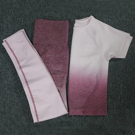 Rose Red Set 2 шт. Ombre Energy бесшовный Женский спортивный костюм, одежда для спортзала и тренировок, короткий рукав, топ для фитнеса и резинка для волос, леггинсы, комплект для йоги - Цвет: Rose Red Set
