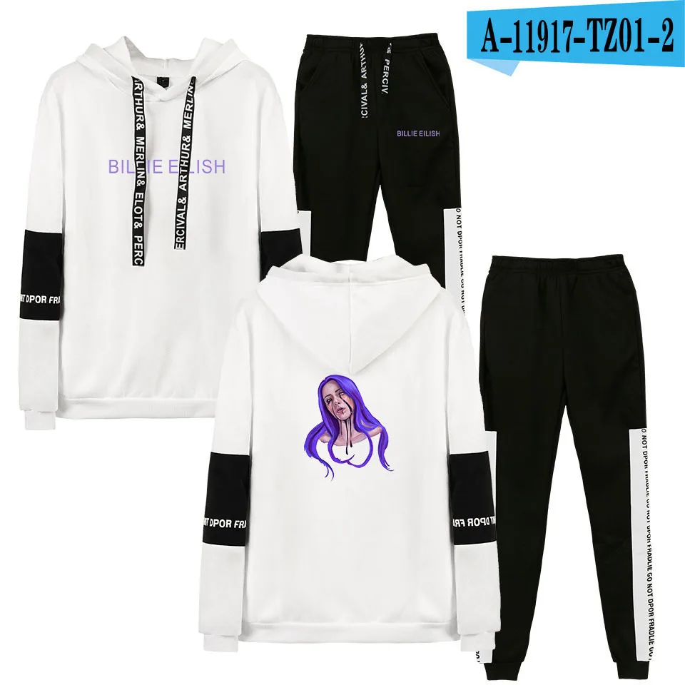 Billie Eilish/мужские комплекты с принтом Повседневная куртка с капюшоном для мужчин и женщин, спортивный костюм из 2 предметов, спортивные толстовки, толстовка, штаны, костюм для бега - Цвет: 007