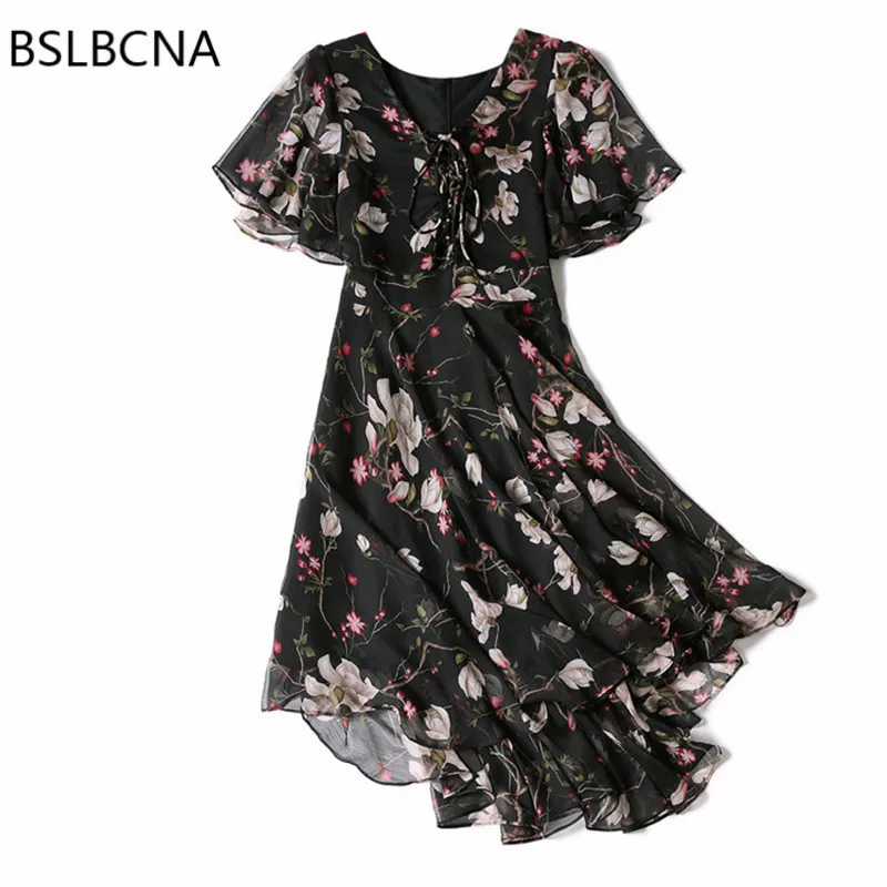

2022 Summer Dress Women Korean Style Slim Dress Print Irregular Temperament Casual Fashion 1 Chiffon Beach Dresses A187
