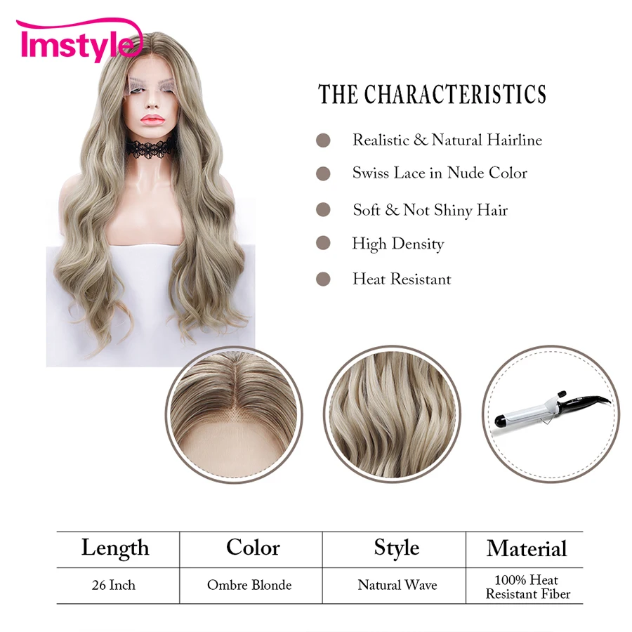 Imstyle Омбре блонд парик Длинные свободные волны синтетический парик на кружеве для женщин термостойкие волокна натуральные парики на каждый день