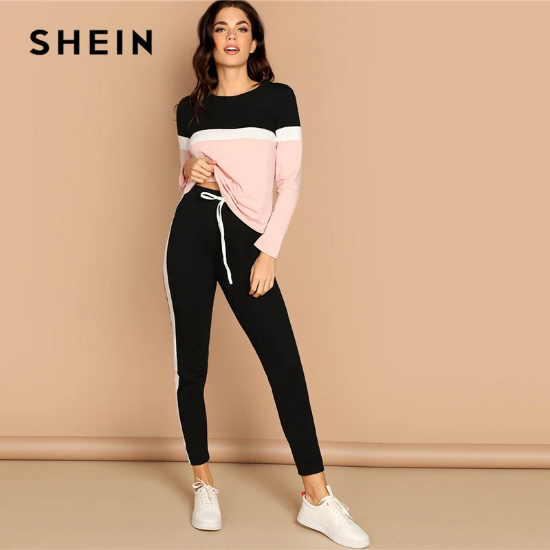 SHEIN Контрастный Топ И Брюки Комплект Женский Весенний Многоцветный Спортивный Топ С Длинными Рукавами И Брюки Комплект