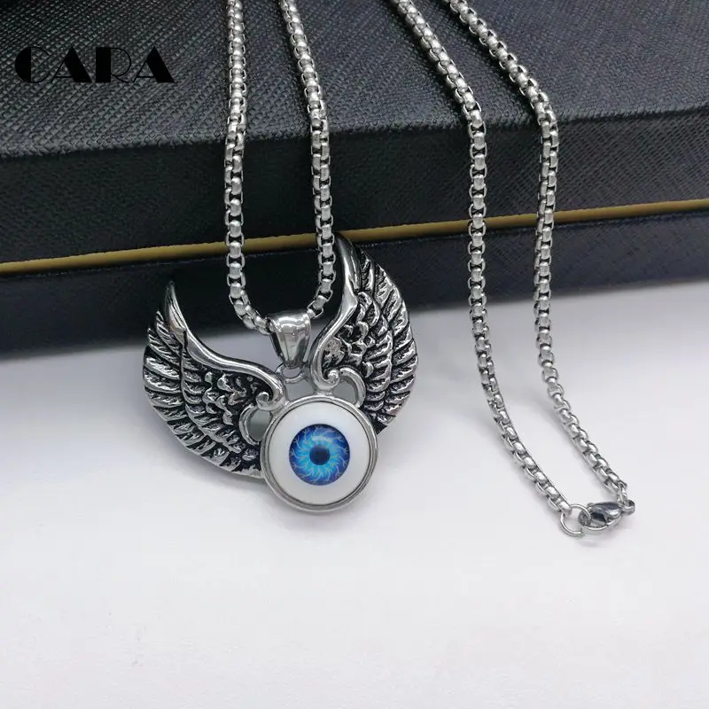 CARA Новый 316L нержавеющая сталь Винтаж серебряные крылья дьявол подвеска с шариком