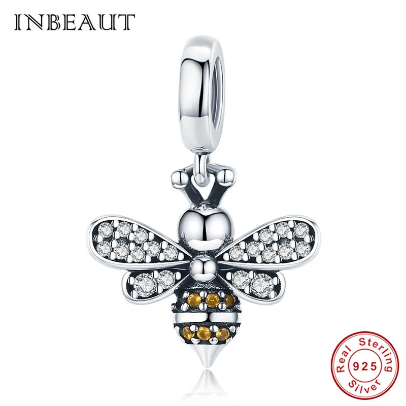 INBEAUT 925 пробы серебристо-желтые эмалированные Подвески в виде пчелы, круглые коричневые кубические циркониевые бусины в виде пчелиного гнезда, подходят для браслетов Pandora - Окраска металла: sc821