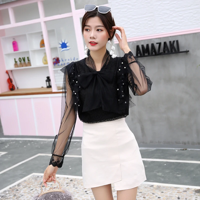 

sweet style fashion brands Women's Clothing Blouses ruffles mesh Shirts spring perspective woman tops blusas mujer de moda new