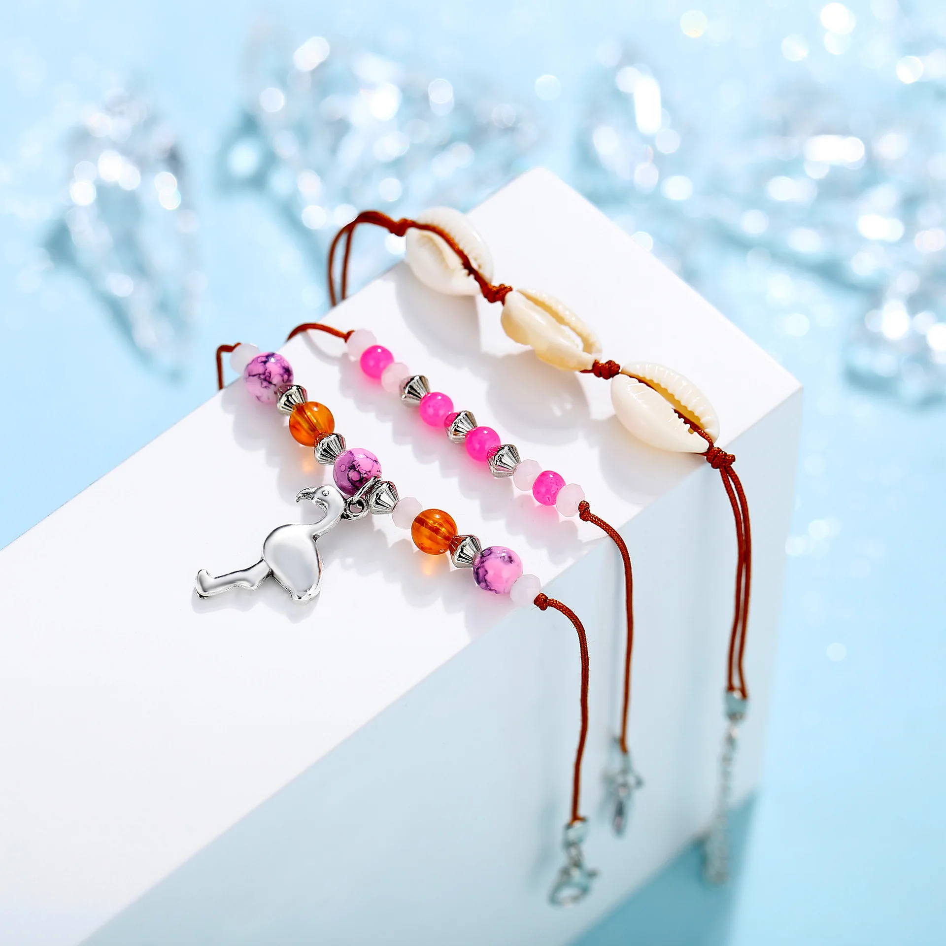 3 шт./компл. подвеска Фламинго основа розовые бусы цепи Регулируемый Браслет для