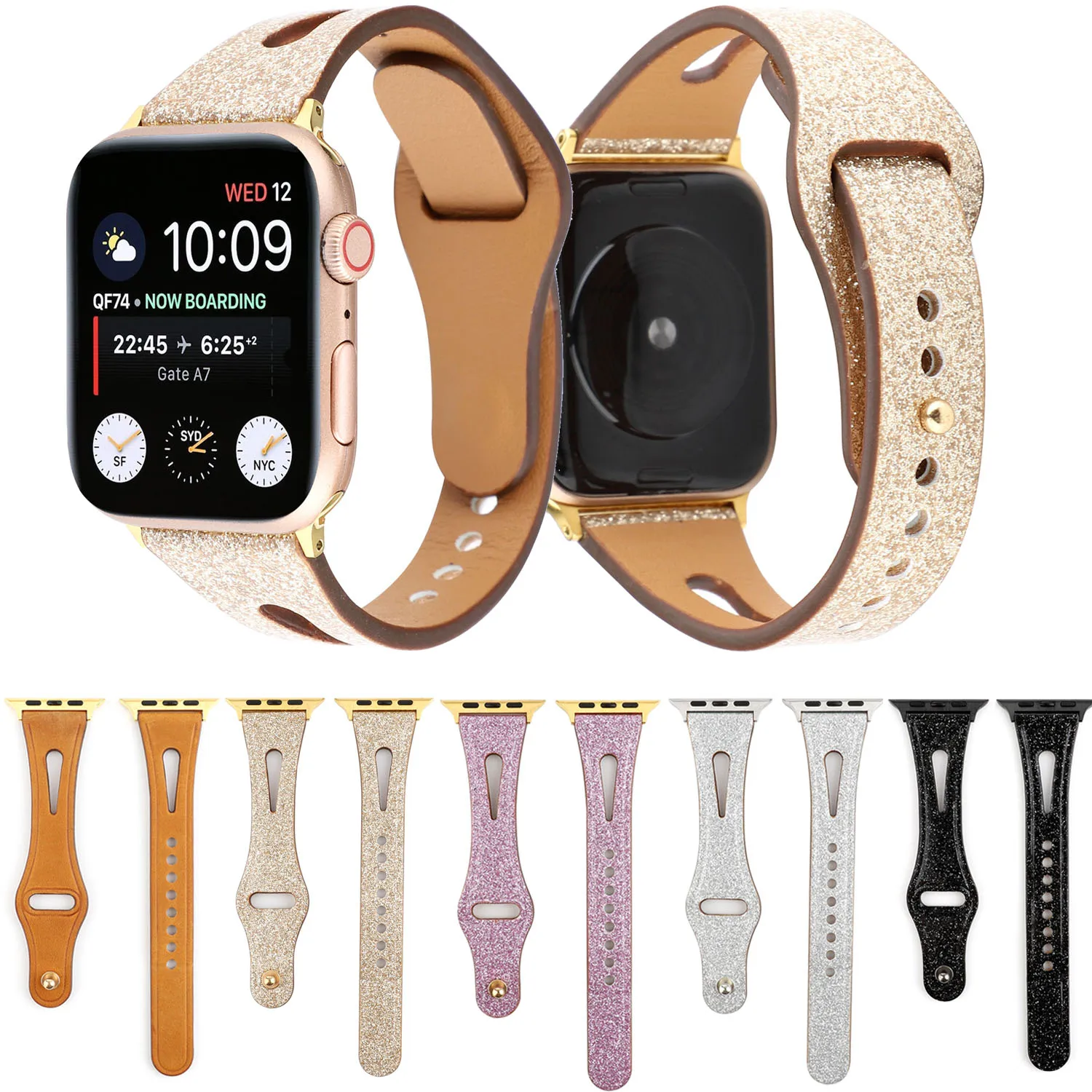 Ремешок кожаный для Apple Watch Series 1 2 3 4 блестящий Воздухопроницаемый браслет iWatch 42/44