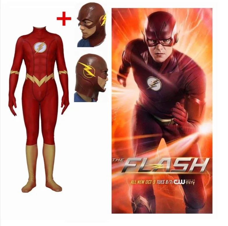 Costumes With Mask A Новые маскарадные костюмы Барри Аллена флэш, маски для женщин и мужчин, спандекс, зентай, комбинезоны с латексной маской, колготки, боди, костюм - Цвет: Costumes With Mask A