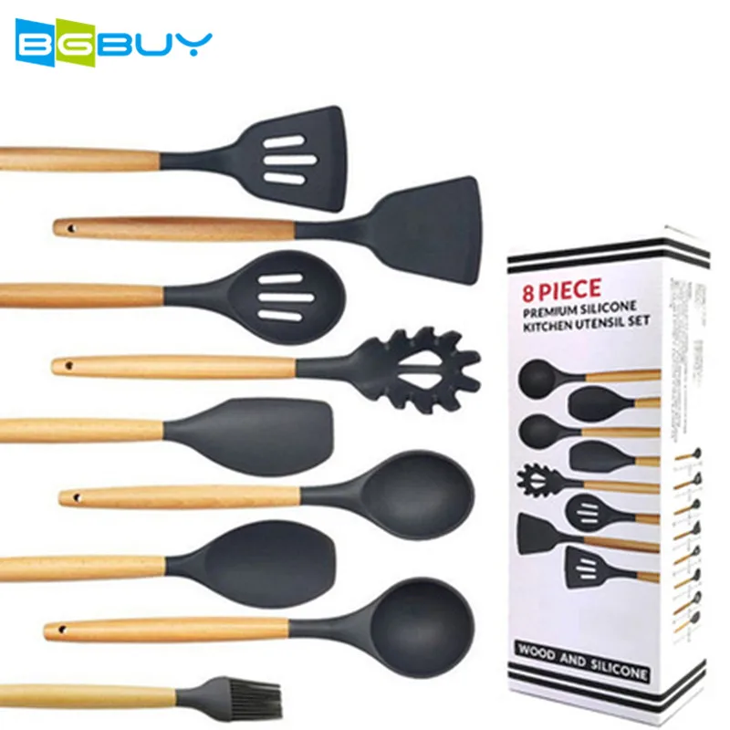 Silicone Cooking Utensils 9 Piece with Bamboo Wood Handles Nonstick Cookware Set | Дом и сад
