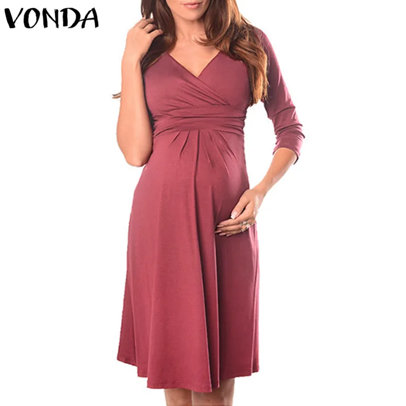 VONDA, Одежда для беременных, лето, платье для беременных женщин, повседневное, сексуальное, v-образный вырез, рукав 3/4, однотонное, а-силуэт, платья размера плюс