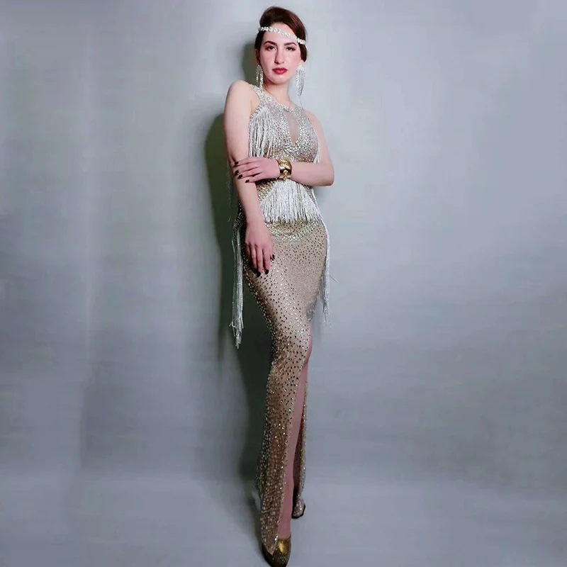 Сценический костюм Блестящие стразы Бахрома Платье без рукавов Длинные платья с