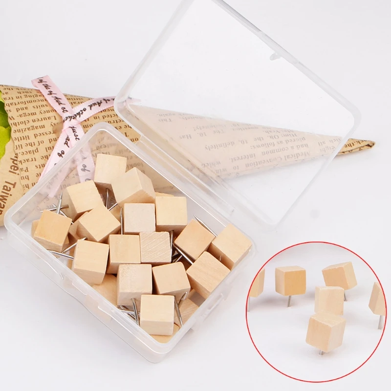 

30 Pcs Wooden Thumbtack Quadrate Creative Decorative Drawing Push Pins Wood Head