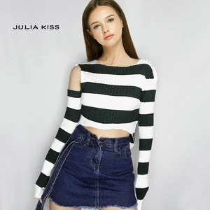 Женский полосатый Укороченный трикотажный топ с одним плечом и длинным рукавом, полосатый укороченный свитер, пуловеры