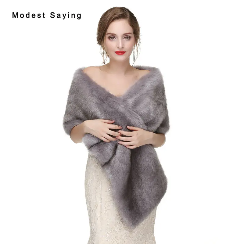 

Silver Faux Fur Wedding Wraps 2020 New Arrival Fur Bridal Shawls women Winter Fur Warm Scarives Long Hair Wedding Ups