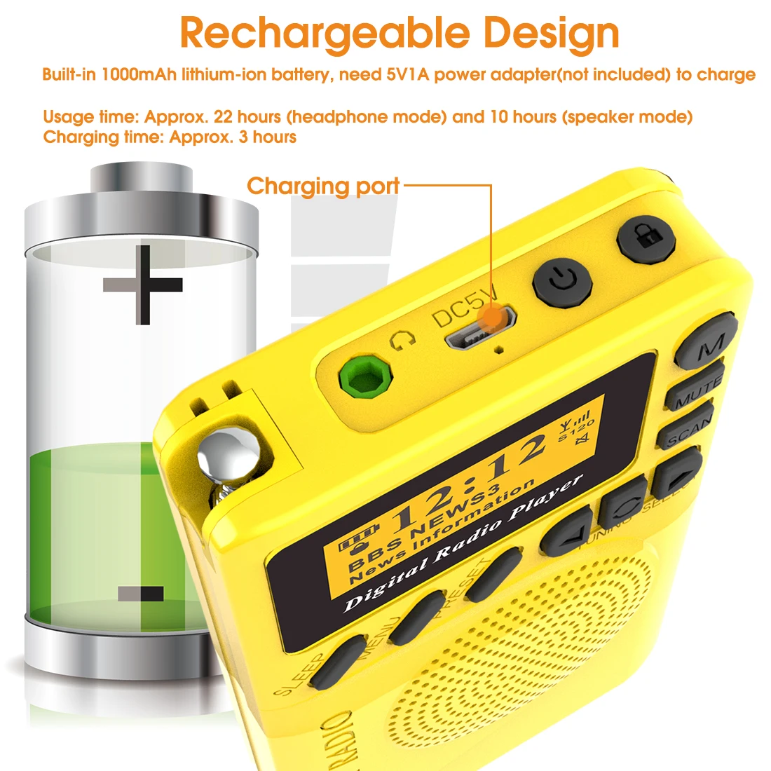 

JINSERTA Portable DAB/DAB+ Radio Receiver Stereo MP3 Music Player with 1.44" Screen 20 Preset Channel Support TF Card Play
