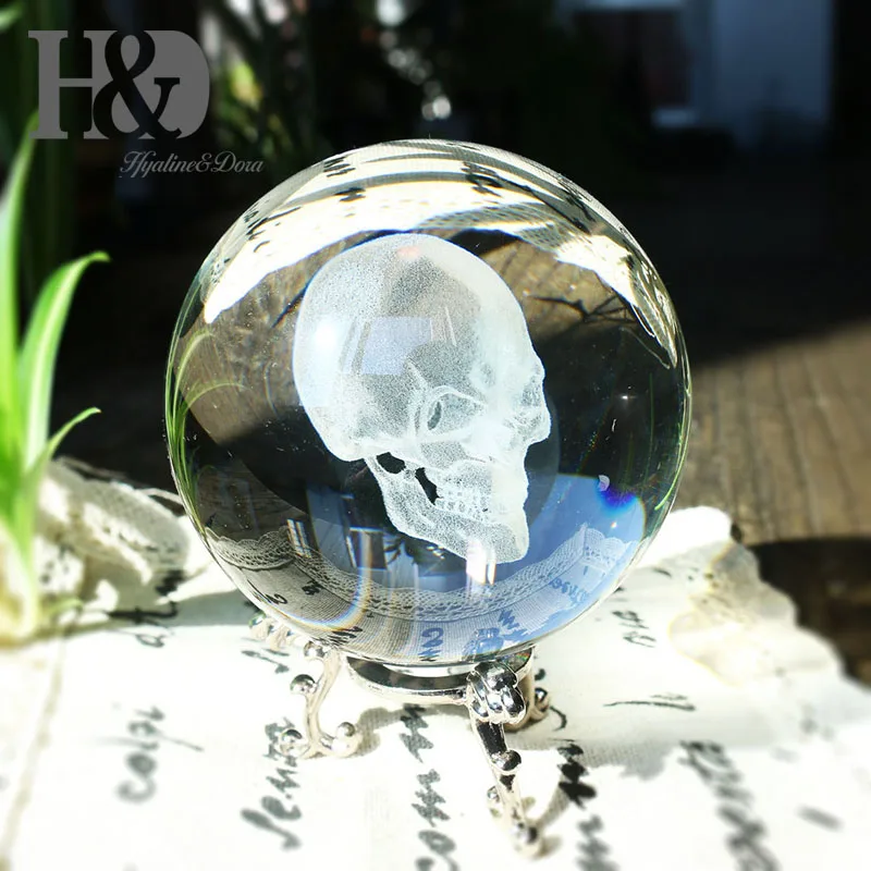 

H&D Crystal Clear Crystal Ball 80mm (3.1inch/80mm) 3D Skull Head Including Metal Stand