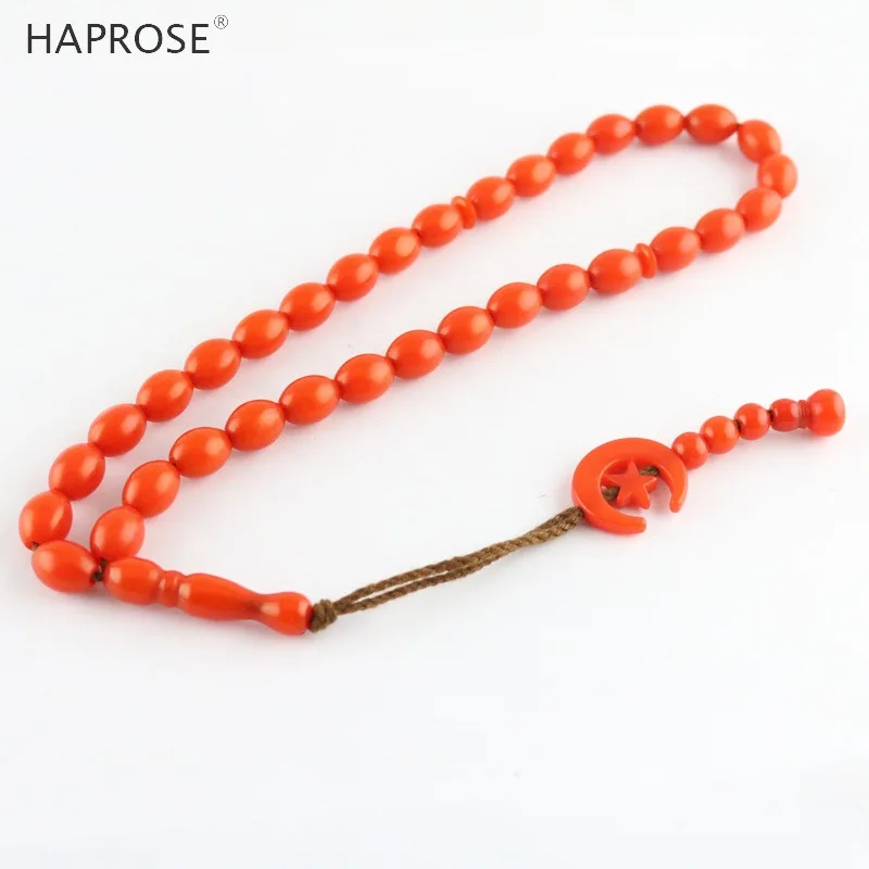 Исламская пение Copal красно коричневый браслет из бисера 33 Бусы Tasbih мусульманских Аллах бусы четки Moon Star знак праздничные подарки - Цвет камня: red