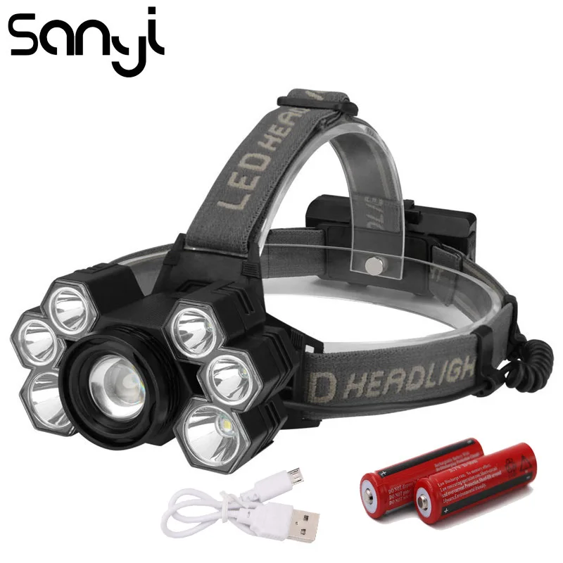 Packaging 2 SANYI 7 светодиодный налобный фонарь 2x18650 аккумулятор USB Перезаряжаемый налобный фонарь XPE T6 налобный фонарь для охоты и кемпинга - Испускаемый цвет: Packaging 2