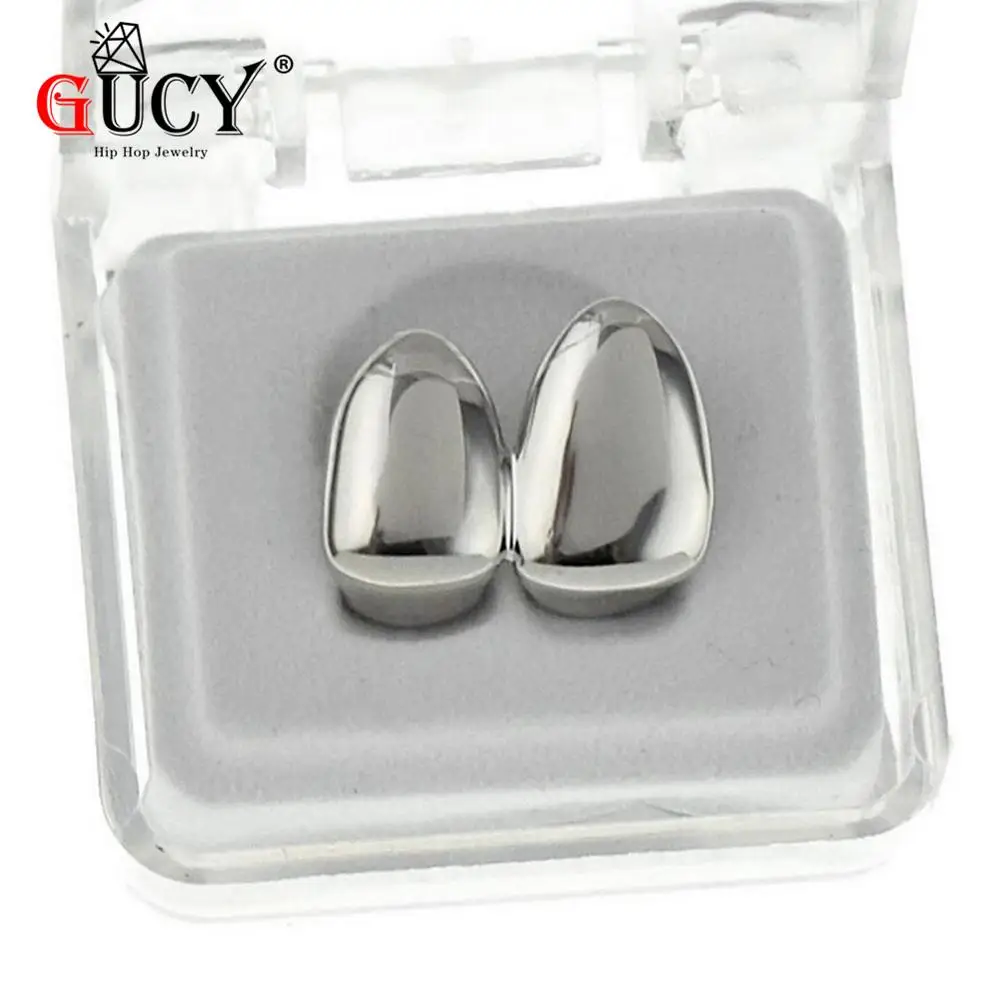 Silver GUCY двойные шапки золотого цвета с покрытием зубы Grillz собачья равнина два зуба правой верхней один шапки грили подарок на Хэллоуин - Окраска металла: Silver
