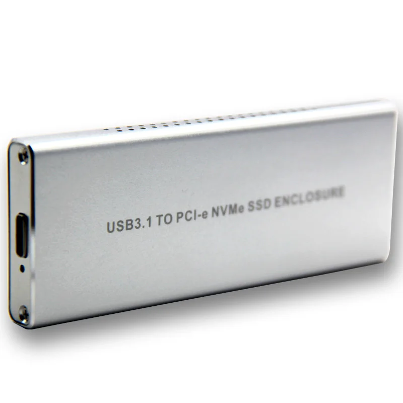 Silver Aluminum HDD Case USB3.1 to PCIE NVME M2 SSD Enclosure with Type C Cable M.2 NGFF M Key Heatsink Hole HDD Box for M.2 SSD