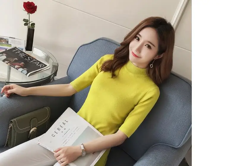 Carol Diaries 2018 Women's Cashmere Turtleneck Short Sleeve Knitted Pullover Tee Base Sweater Women Jumper Sexy Tops | Женская