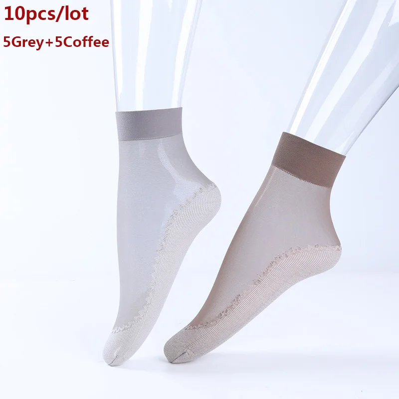 5Gery 5Coffee LANGSHA/10 пар/компл. носки для Для женщин летние ультратонкие нейлоновые прозрачные с украшением в виде кристаллов эластичные шелковые короткие носки тонкие Для женщин носки - Цвет: 5Gery 5Coffee