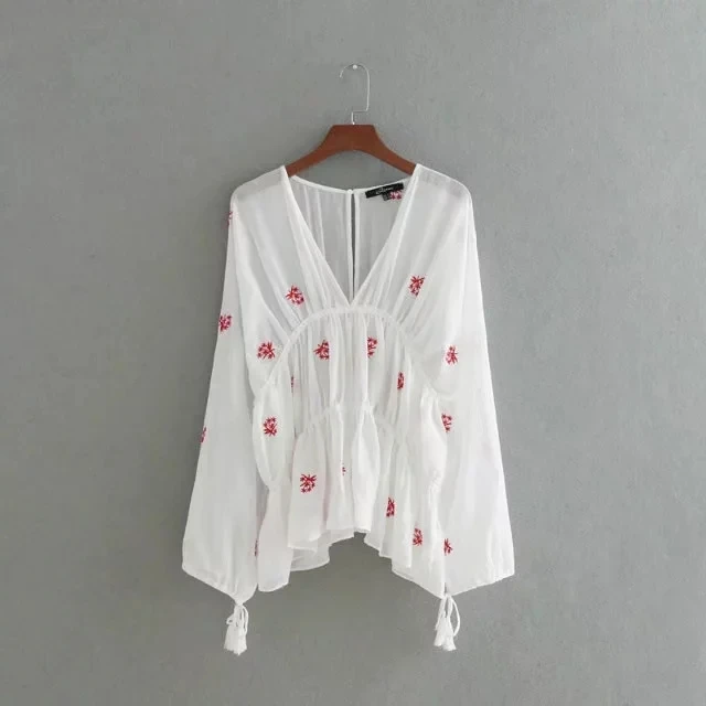 

Women's Shirts 2018 Summer Deep V Neck Blouse Embroidery Shirt See Through Long Sleeve Shirt Female Frenulum Chic blusas Tops