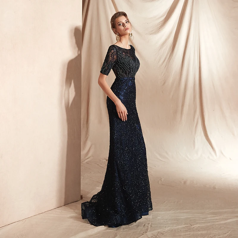 Женское вечернее платье Русалка Forevergracedress темно синее с короткими рукавами