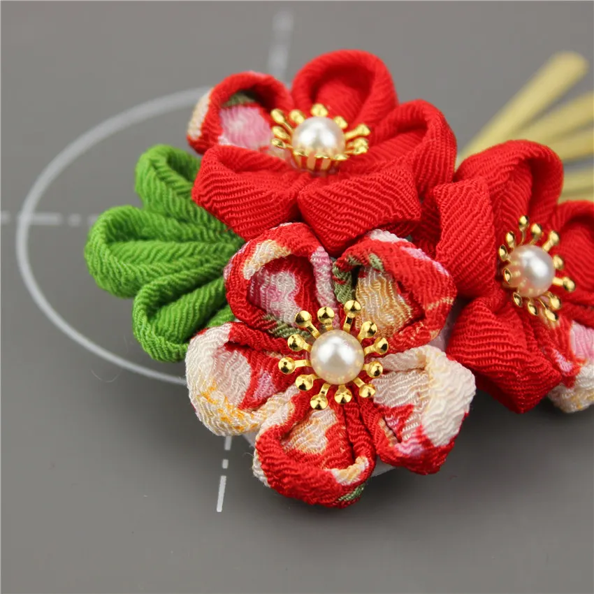 Японский стиль tsuami Kanzashi Розовый Красный Цветок сакуры заколка для волос кимоно гейши ручной работы головной убор HW001