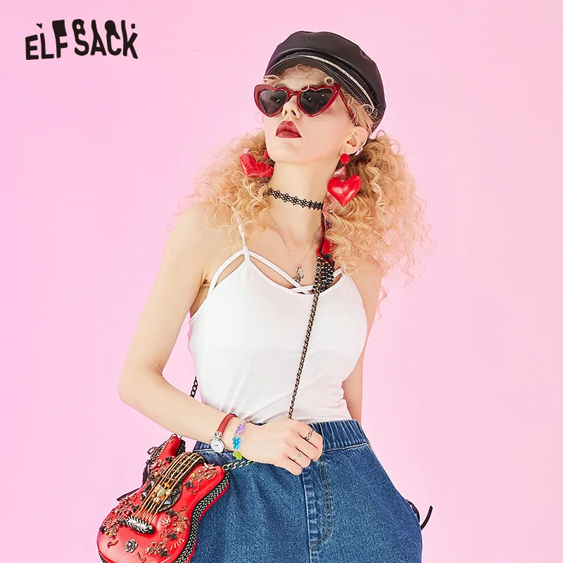 Женская летняя майка ELF SACK черная модная однотонная уличная пикантная на каждый